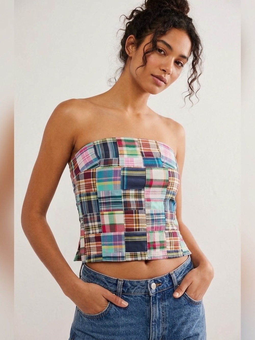 J. Crew Multicolor Madras Patchwork Strapless Crop Top. Size 2